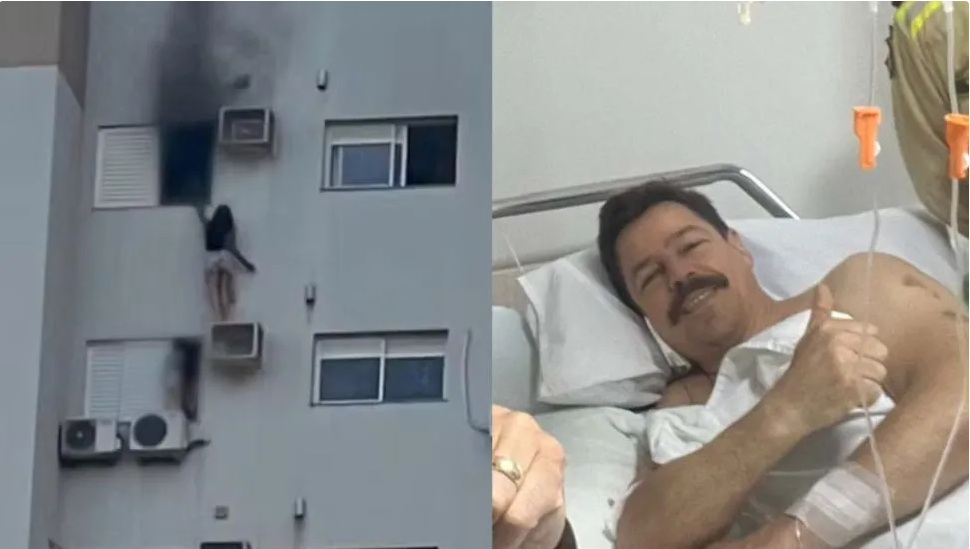 Bombeiro recebe alta após resgatar mulher pendurada em incêndio no PR